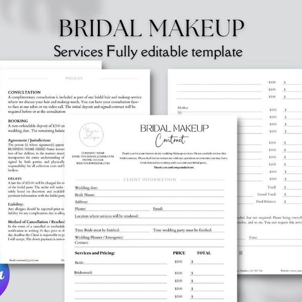 Bridal Makeup Artist Contract Editable Template, Wedding Makeup Stylist Agreement, Editable Wedding Booking Terms for Bridal Make up Stylist