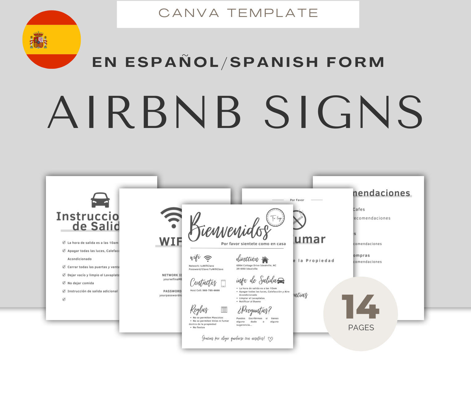 Editable and Printable Airbnb Sign Bundle in Spanish, Poster Para