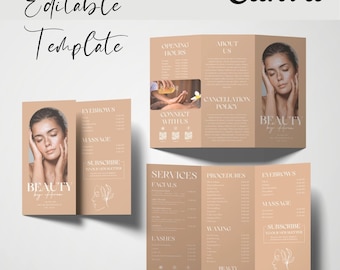 editable and Printable Minimalist Trifold Brochure Template, Editable Beauty Salon Price List, Printable Spa Pamphlet Price and information