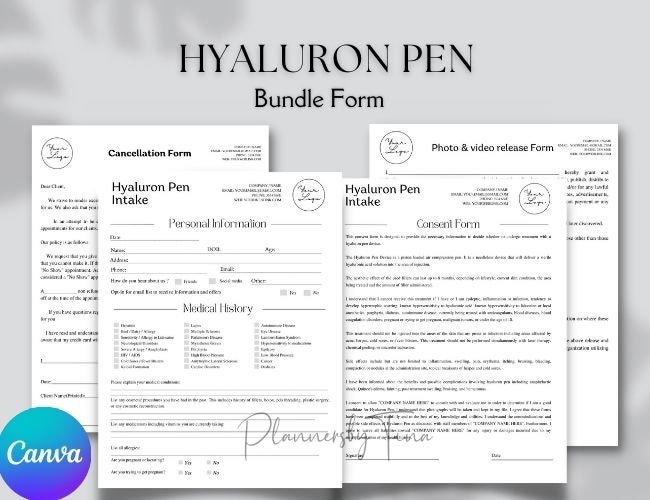 Editable and Printable Hyaluronic Acid Pen Intake Consent Forms, esthetician business Form template, Spa forms, Hyaluron form template