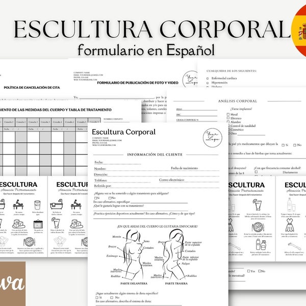 Formulario de Escultura Corporal, Información del Cliente, Contorno Corporal formulario, Política de Cancelación editable, Tabla de medidas