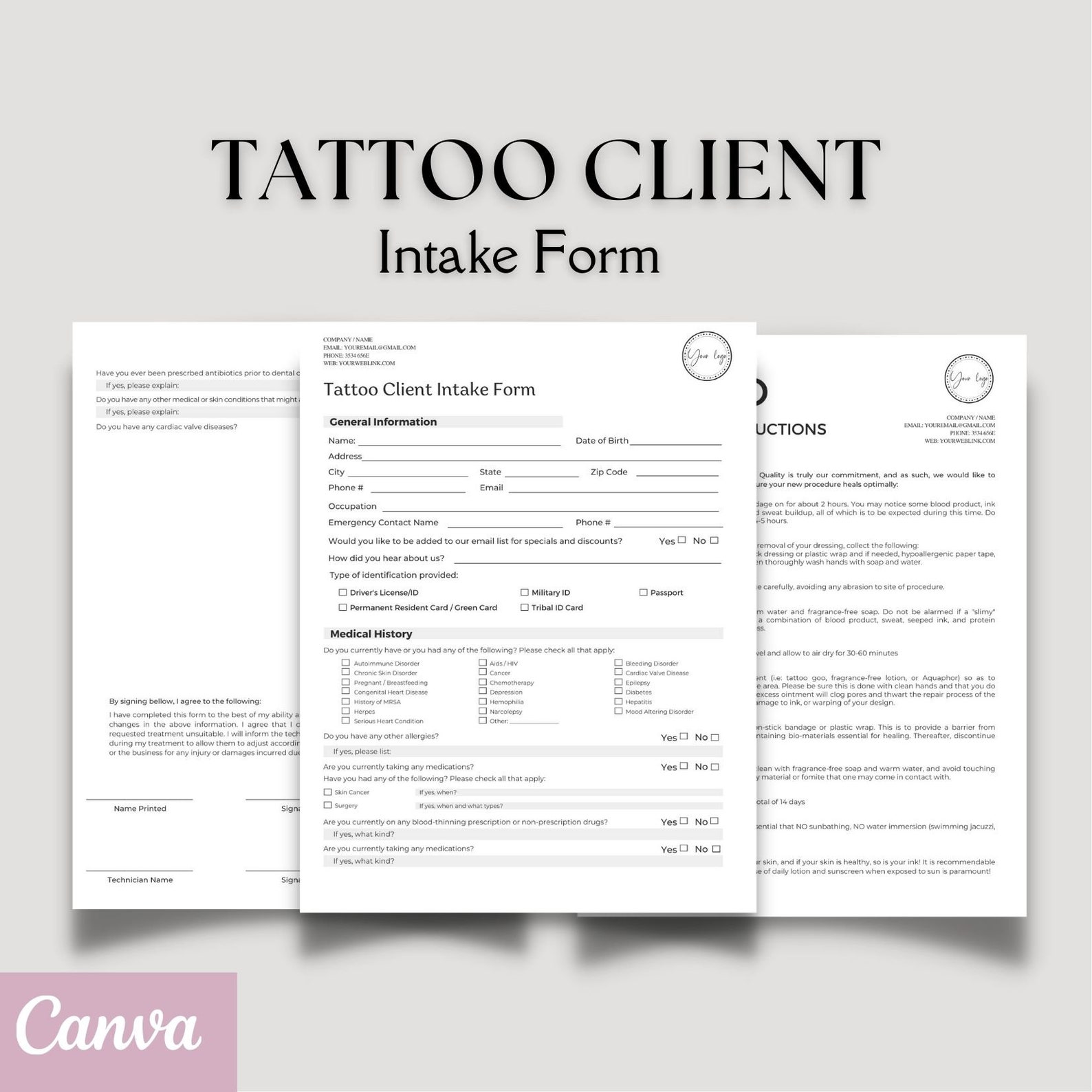 Editable and printable tattoo client intake form tattoo business forms