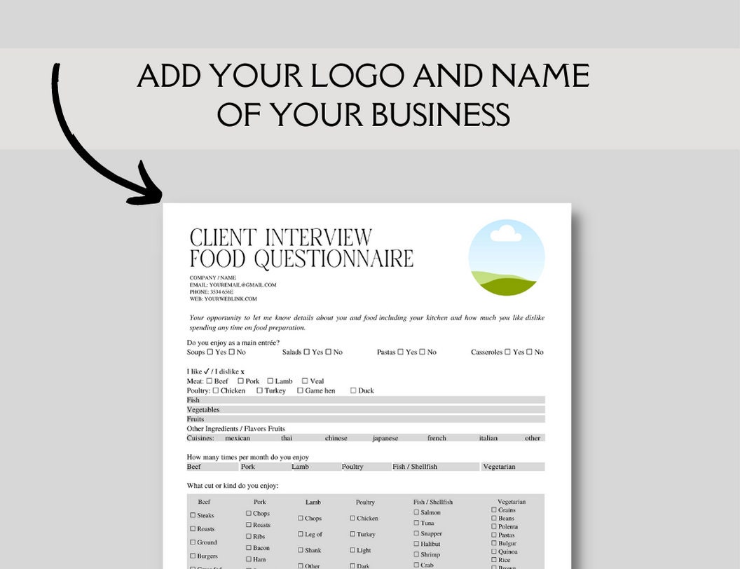 Editable Client Food Questionnaire Form Template, Weight Loss Business ...