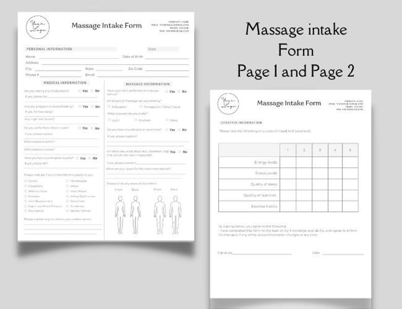 Editable and Printable Massage Therapist Client Forms, Massage Business