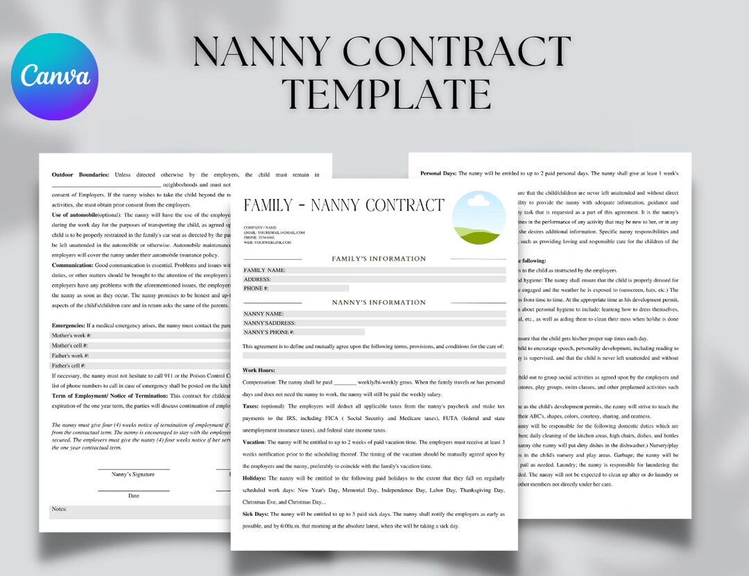 Editable and Printable Nanny Business Form Bundle Template, Nanny Contract Agreement, Nanny ...