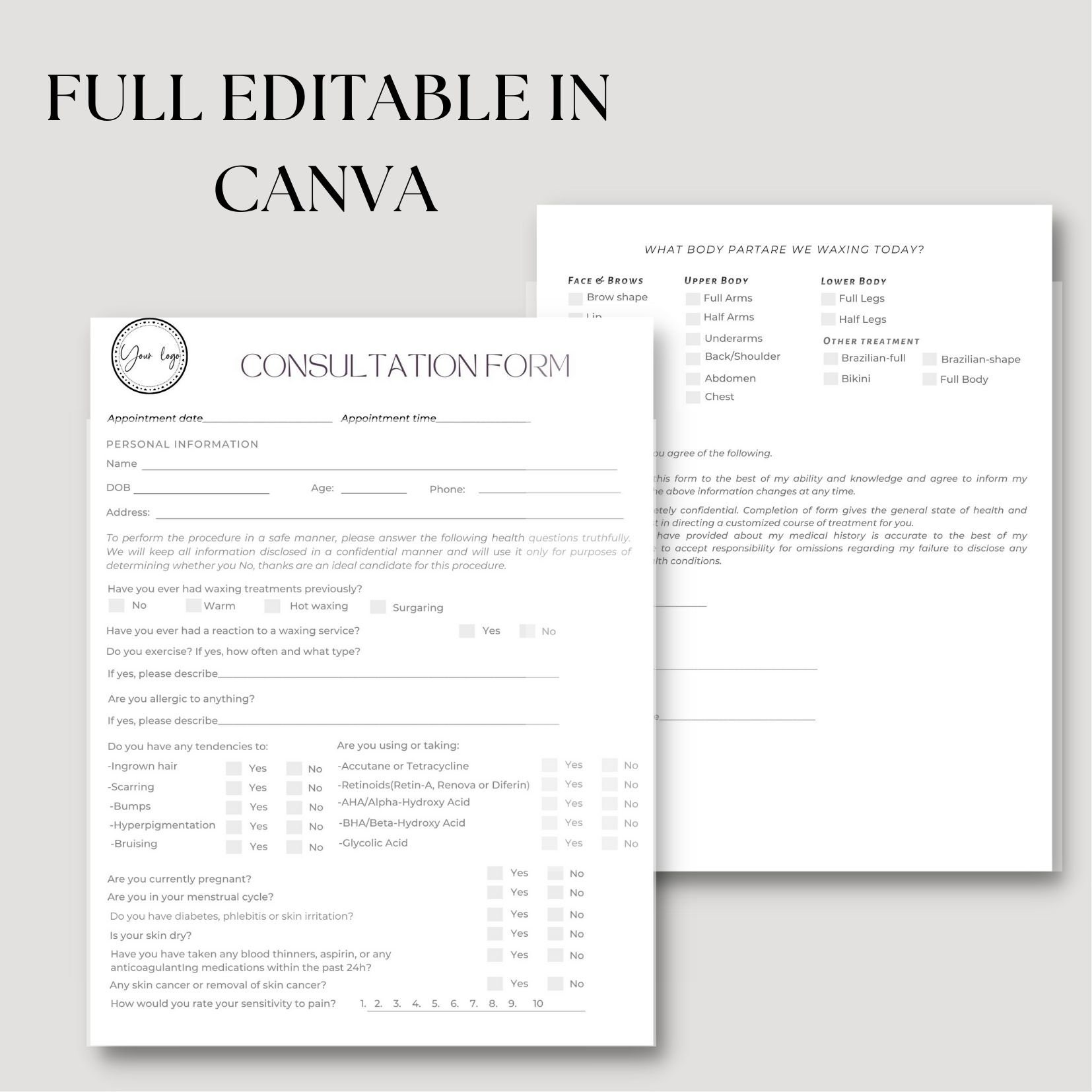 Editable and Printable Waxing Treatment Template Form, Waxing Forms ...