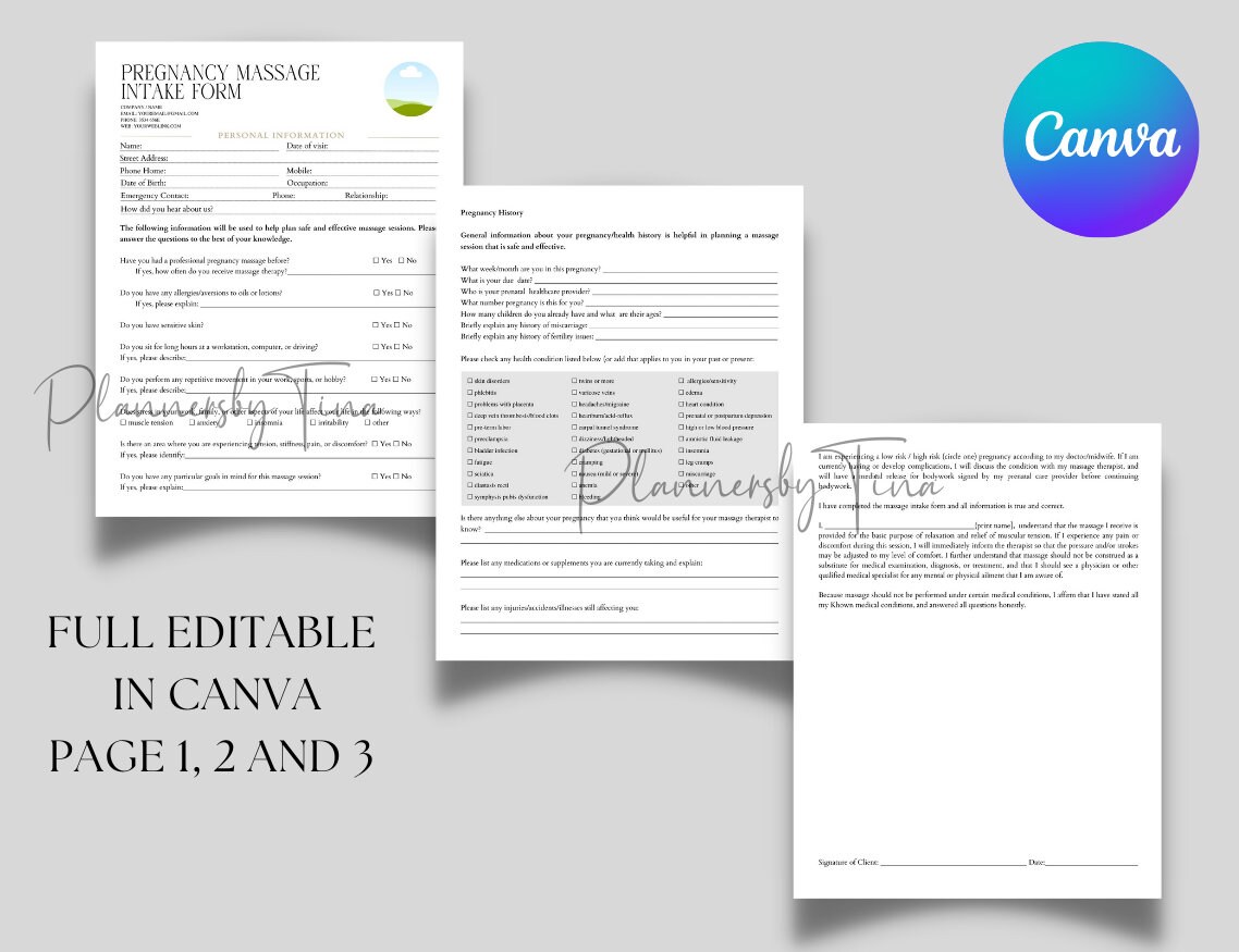 Editable and Printable Pregnancy Massage Client Intake Forms, Editable ...