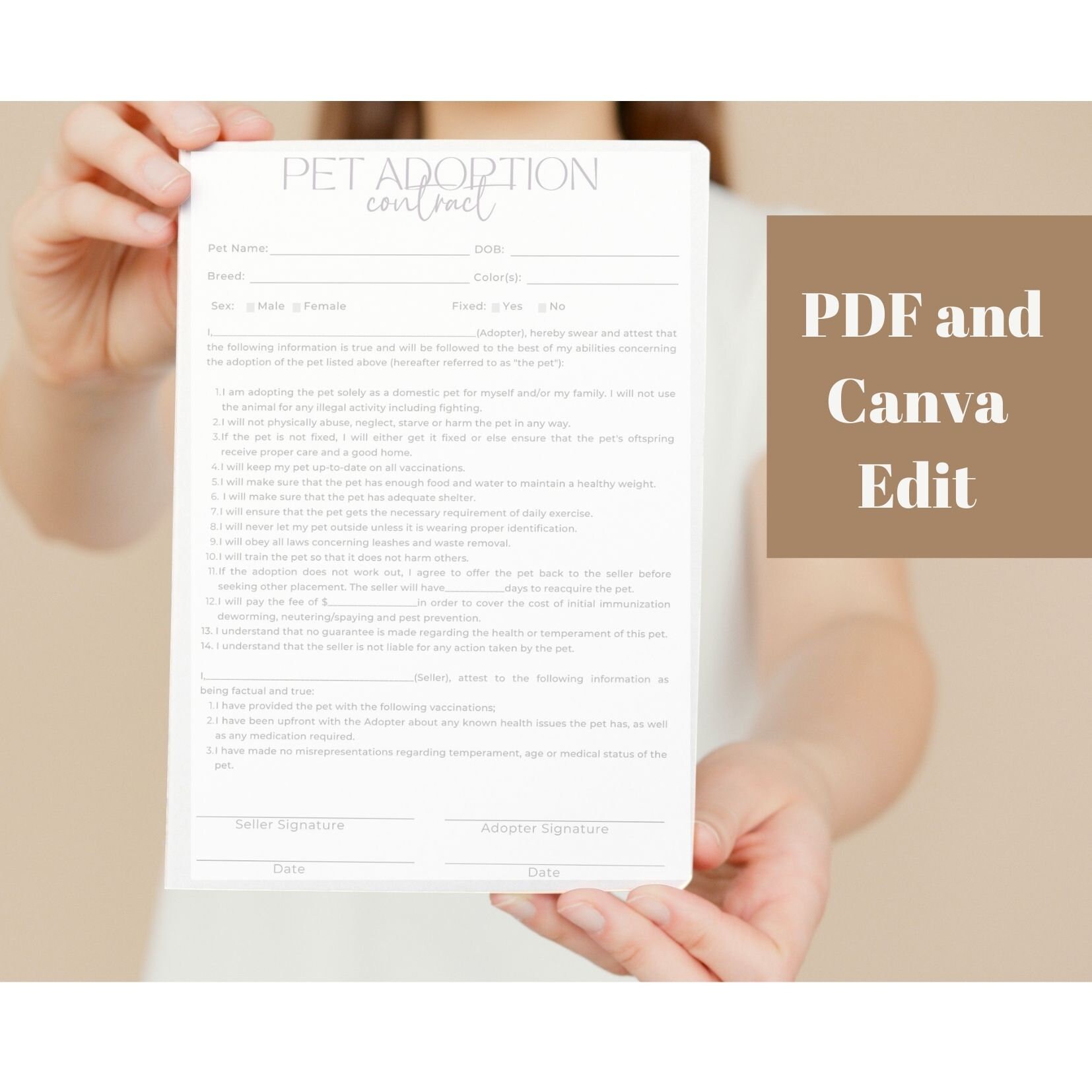 Editable and Printable Pet Adoption Contract, Instant Download Puppy ...