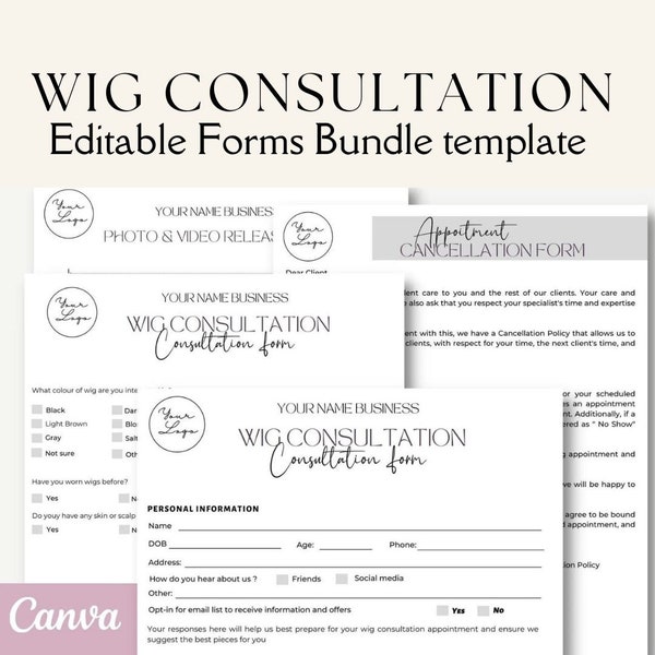 Editable and Printable Wig Consultation Form Template, wigs Client Form, Wig and Hair Business Forms, Hair Stylist, Beauty Salon