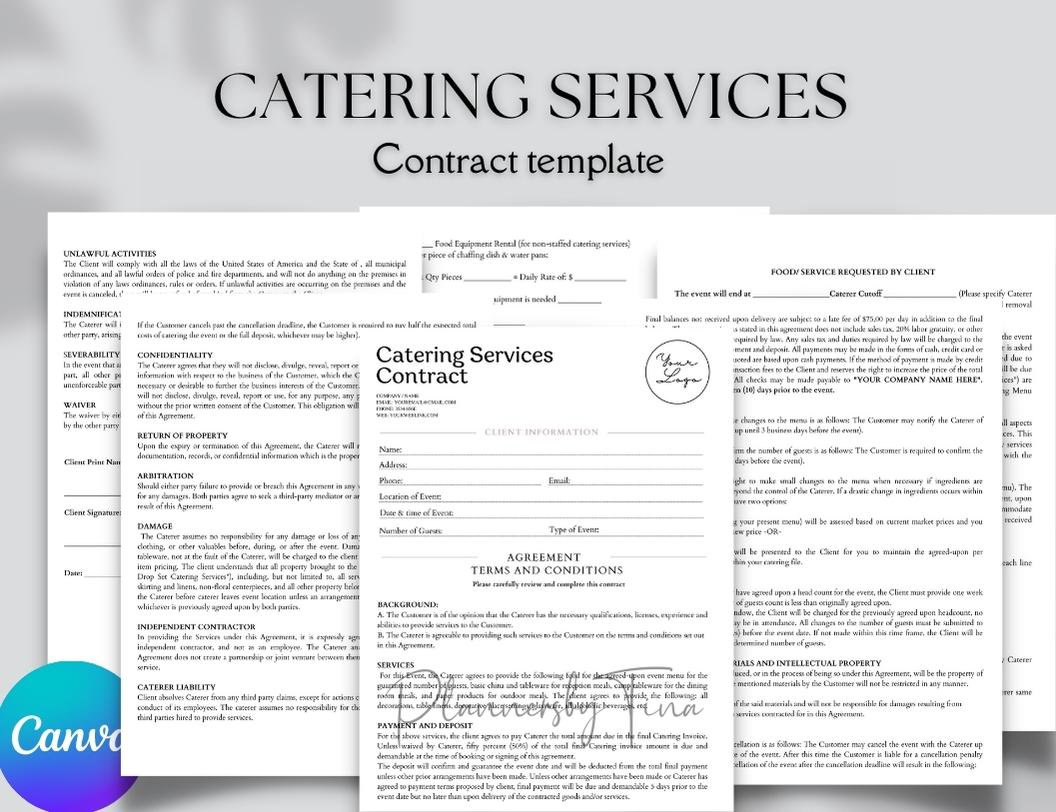Editable Catering Services contract Agreement, Printable event Catering Contract template, Wedding catering Contract, Party food Services