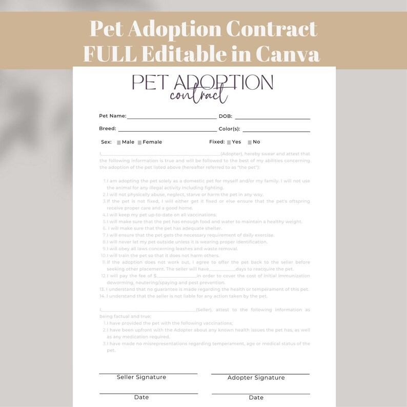 Editable and Printable Pet Adoption Contract Instant Download Etsy