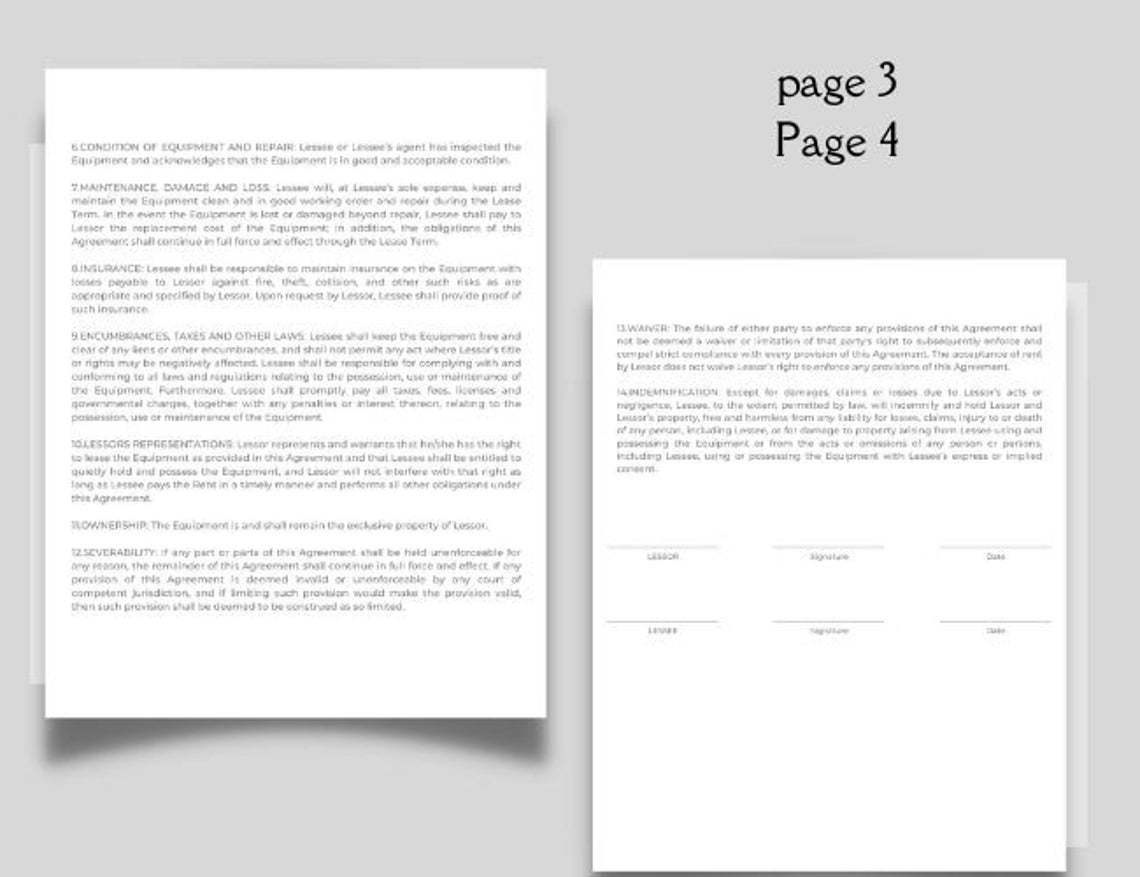 Editable and Printable Equipment Rental Contract Template, Rental ...
