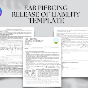 Formulaire de décharge de responsabilité modifiable et imprimable pour les piercings d'oreilles, modèle de formulaires commerciaux de piercing, modèle de carte de soins de suivi pour les piercings d'oreilles