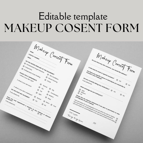 Editable and printable Makeup Consent form, Makeup Consultation Form, Makeup Artist’s Form, Make up Business Form, Editable Makeup Consult