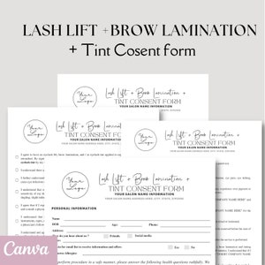 editable Brow Lamination + Lash Lift + Tint Form bundle template, Intake and Client Consent, Brow Tint and Lamination Business Forms
