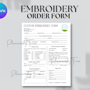 Editable and Printable Embroidery order form template, Custom Embroidery order form, Embroidery business forms, Embroidery Pricing form
