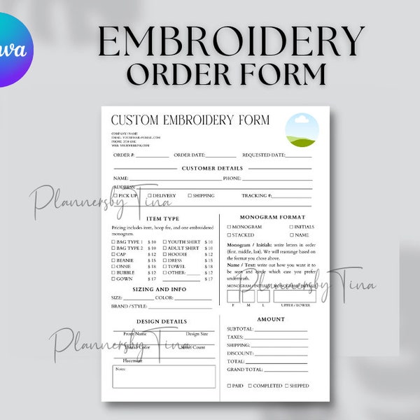 Editable and Printable Embroidery order form template, Custom Embroidery order form, Embroidery business forms, Embroidery Pricing form