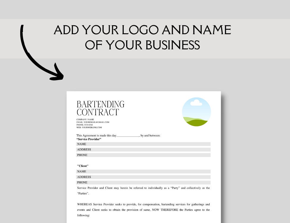 Editable and Printable Bartending Contract Contract Agreement Template ...