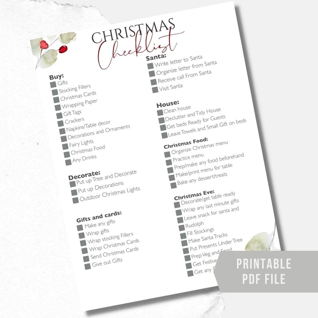 Printable PDF Christmas Checklist, Holiday to Do List Pdf, Instant