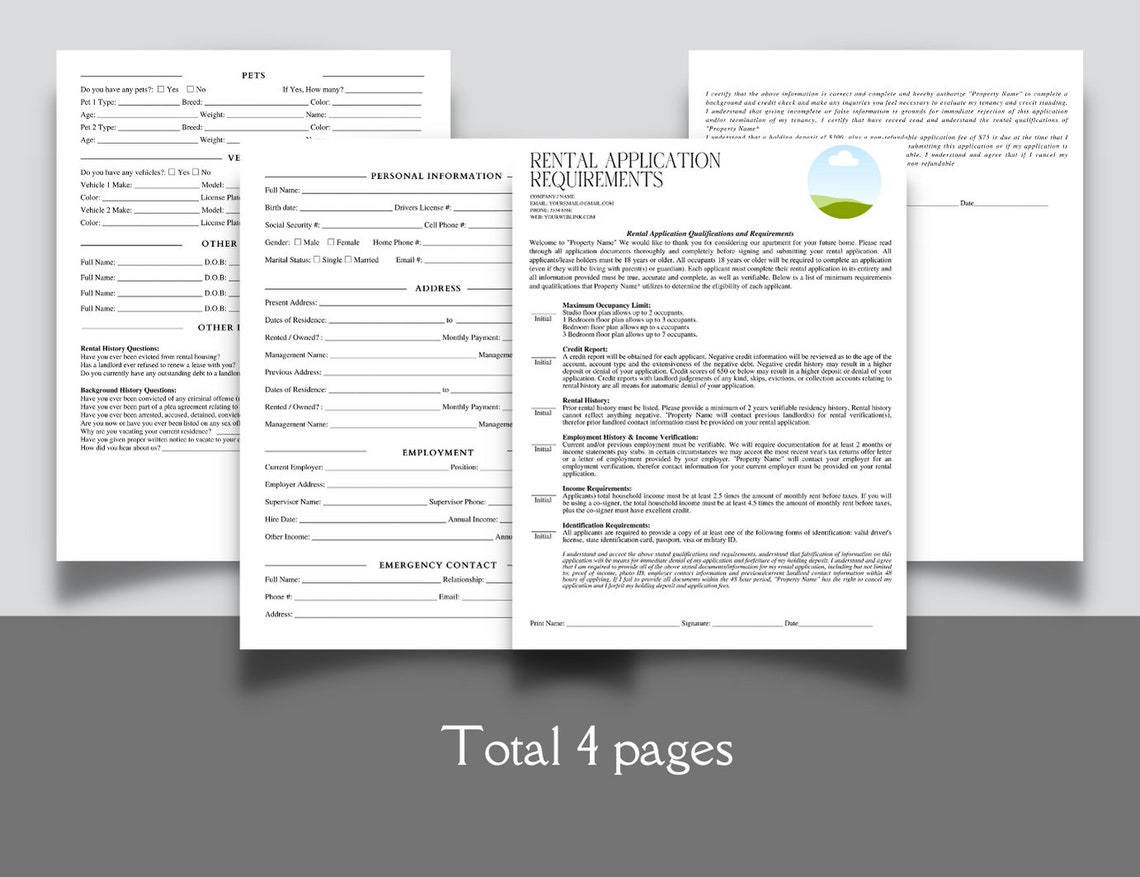 Editable and Printable Rental Application Form, Rental Agreement Form ...
