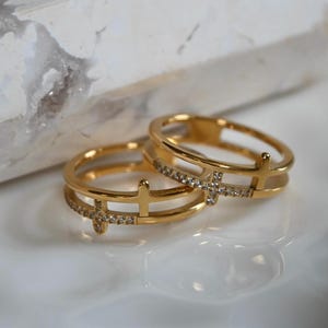 WATERPROOF CROSS RING • 18k Gold Ring • Stackable Rings • Faith • Crystal • Anniversary Gift • Tarnish Free • Minimalist Cross Band • Gift