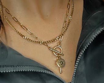 HECATE Dainty Water-Resistant Layering Necklace | 14k Gold Paperclip Chain with Key & Labyrinth Charms