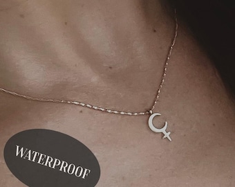 Collar de astrología Lilith IMPERMEABLE: Oro de 14 k y oro blanco • Luna negra • Poder femenino