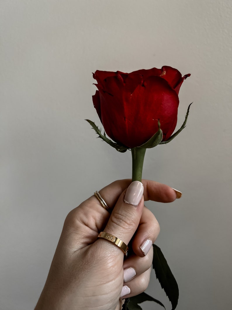 May include: A hand holding a single red rose with green leaves. The hand is wearing a gold ring with a small inscription.