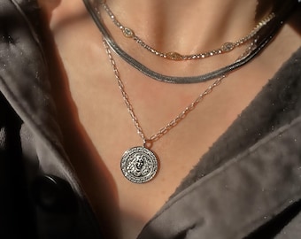 MEDUSA Pendant Necklace: Water-resistant, White Gold, Greek Goddess Medallion
