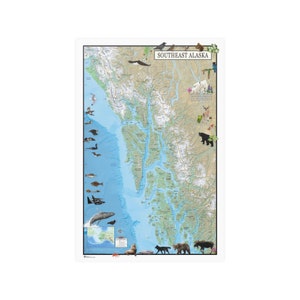 Wall Map of Southeast Alaska-Inside Passage with Wildlife Paintings