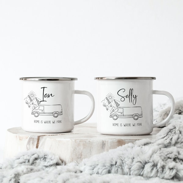 Personalised Campervan Mugs, Converted Camper Van Gift, Pair of Enamel Mug, Family Camping Mugs