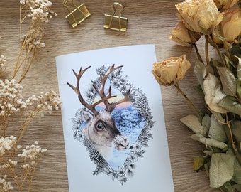 Reindeer in Nature with Flowers- Fine Art Giclée Print