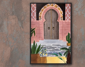 May include: A framed watercolor painting depicts an arched doorway with a wooden door, set within a pink brick structure. The artwork features potted plants and a stone pathway, with a dark background. The painting is displayed on a brown textured wall.