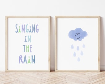 Singing in the Rain, Cloud Sets of 2 Drawings, Printable Poster, wall Art, Nursery Decor, Kids Room Poster, Digital Download