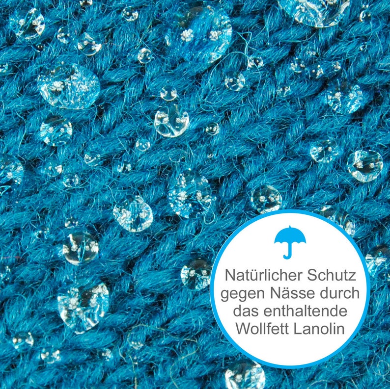 May include: Close-up of a blue fabric with water droplets on it. A white circle with a blue umbrella icon and text reads "Natural protection against moisture through the contained Wollfett Lanolin."