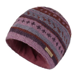 May include: A purple, gray, and brown patterned knit beanie with a fleece lining. The beanie has a small brown label with the word "Woolrich" on it.