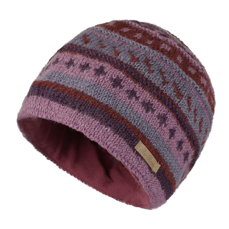 May include: A purple, gray, and brown patterned knit beanie with a fleece lining. The beanie has a small brown label with the word "Woolrich" on it.