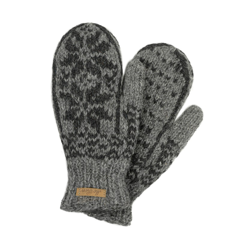 Gefütterte Fäustlinge im Norweger Design Modell Snowmor Hoher Schurwollanteil Winter Handschuhe Mittelgrau