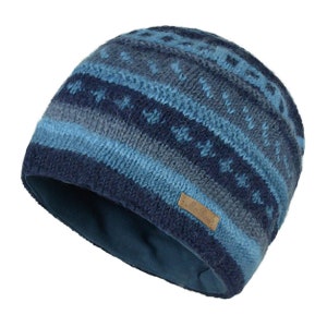 May include: Blue and gray knitted beanie with a fleece lining. The beanie has a brown leather tag with the word "Woolrich" on it.