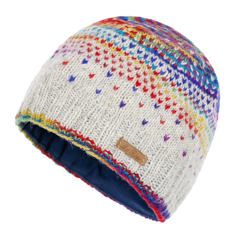 May include: A white knit beanie with a colorful rainbow pattern and a brown leather tag that says "Mc. Bren." The beanie has a blue fleece lining.
