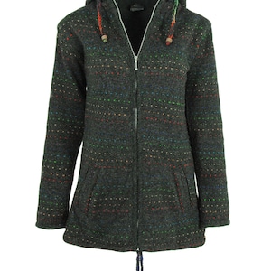 May include: A gray hooded sweater with a colorful striped pattern and a zipper closure. The sweater has a drawstring at the bottom and a small pocket on each side.