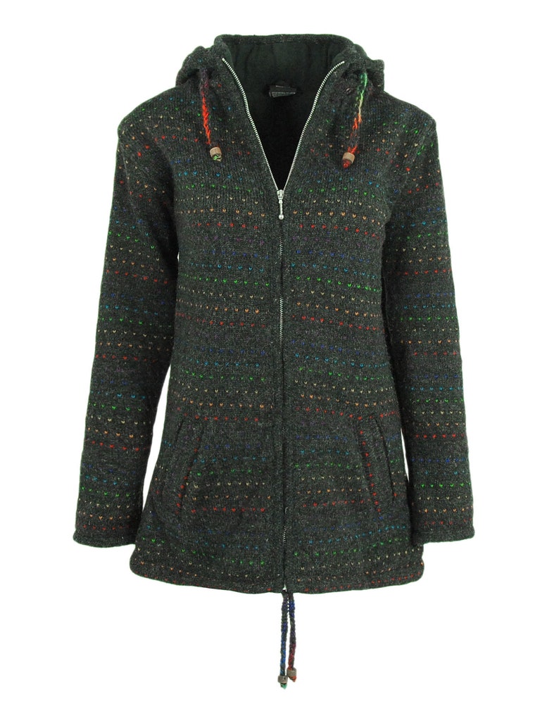 May include: A gray hooded sweater with a colorful striped pattern and a zipper closure. The sweater has a drawstring at the bottom and a small pocket on each side.