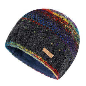 May include: A gray knitted beanie with a colorful striped pattern and a brown leather tag that says "Mo' Poms".