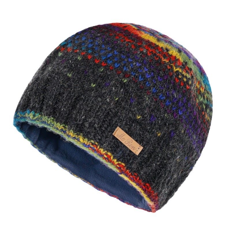 May include: A gray knitted beanie with a colorful striped pattern and a brown leather tag that says "Mo' Poms".