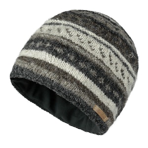 May include: A gray and white striped knit beanie with a brown leather label that says "The Wool".