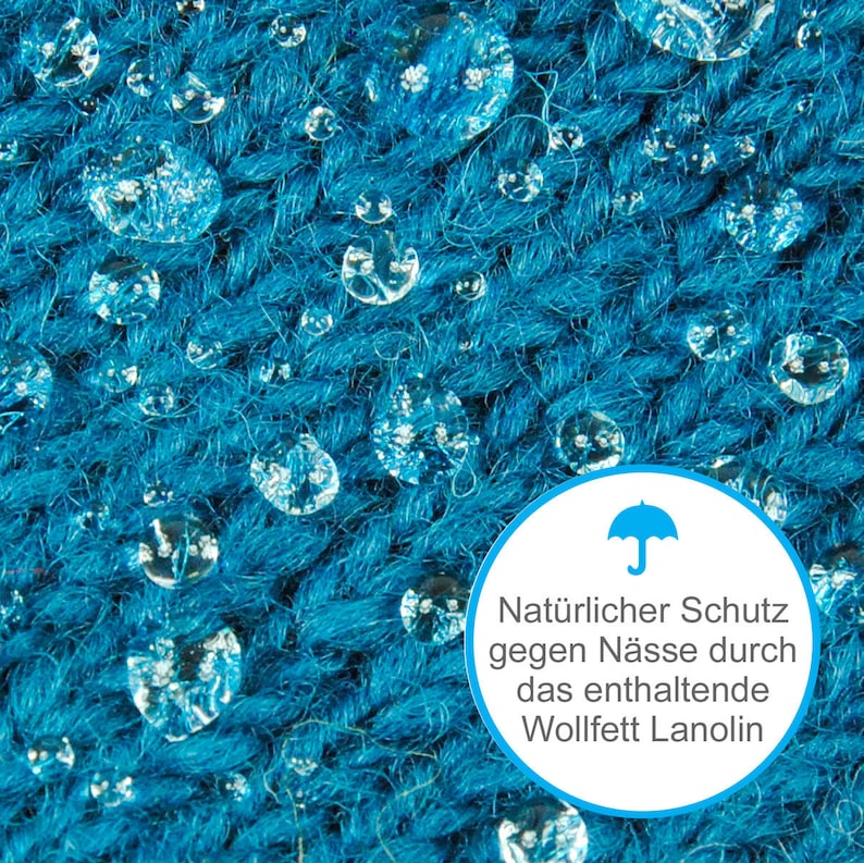 May include: Close-up of a blue fabric with water droplets on it. A white circle with a blue umbrella icon and text reads "Natural protection against moisture through the contained Wollfett Lanolin."