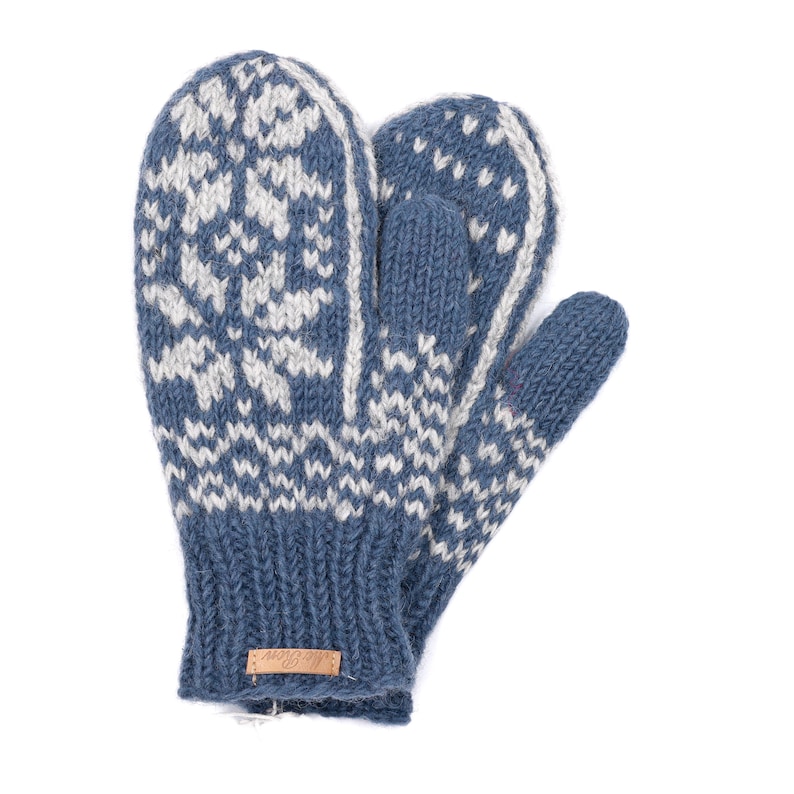 Gefütterte Fäustlinge im Norweger Design Modell Snowmor Hoher Schurwollanteil Winter Handschuhe Blau