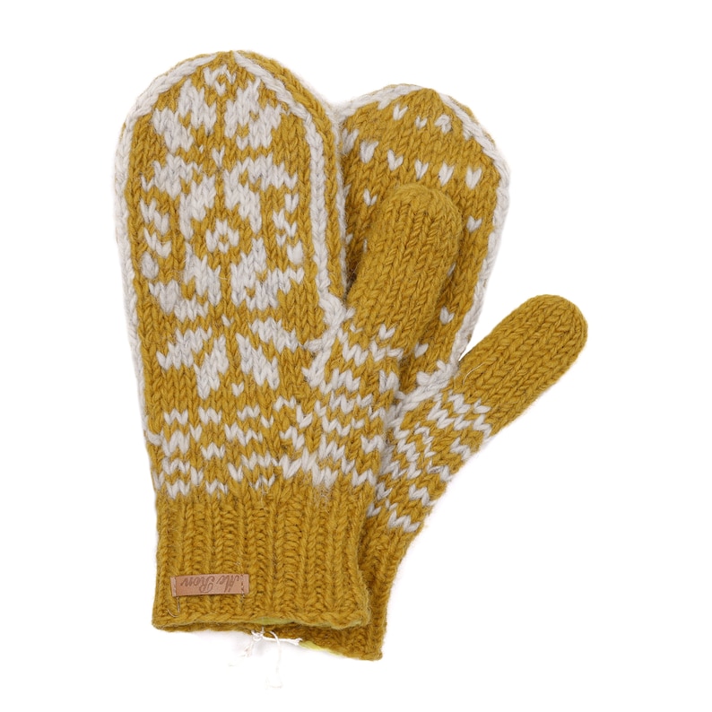 Gefütterte Fäustlinge im Norweger Design Modell Snowmor Hoher Schurwollanteil Winter Handschuhe Ocker