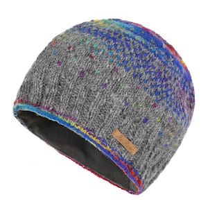 May include: Gray knitted beanie with a colorful pattern and a brown leather label that says "Mc. Bren". The beanie has a fleece lining.