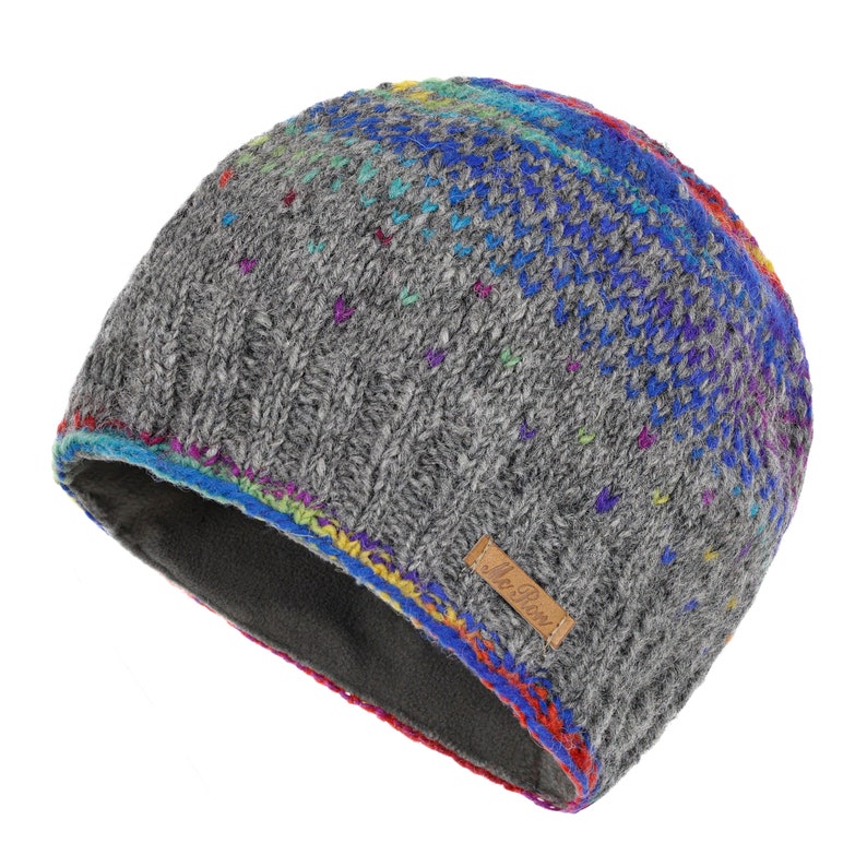 May include: Gray knitted beanie with a colorful pattern and a brown leather label that says "Mc. Bren". The beanie has a fleece lining.